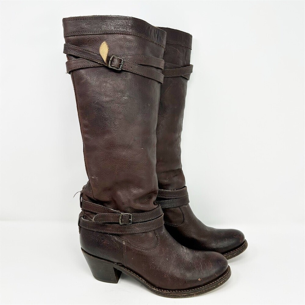 Frye Riding Boots Womens Dark Brown Knee High Wrap Strap Buckle Block Heel 6.5B